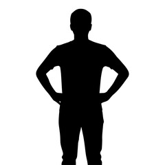 Black vector illustration of a walking businessman in a fashion suit silhouette showing the standing body contour of a young person