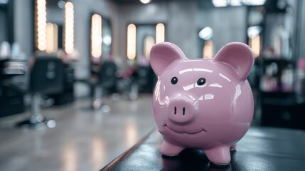 Obraz premium A pink ceramic piggy bank sits on a black surface, salon interior blurred in the background