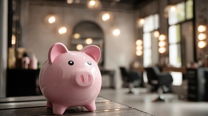 A pink ceramic piggy bank sits on a table, with a blurred interior of a salon as background. Dimly lit with hanging lights