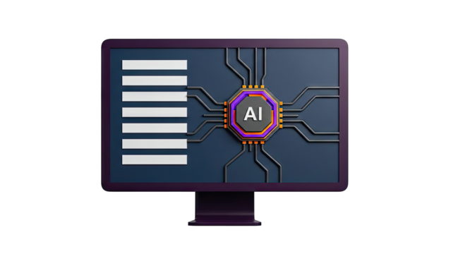 AI Chip on Monitor Screen with Circuitry and Data Bars - Powered by Adobe