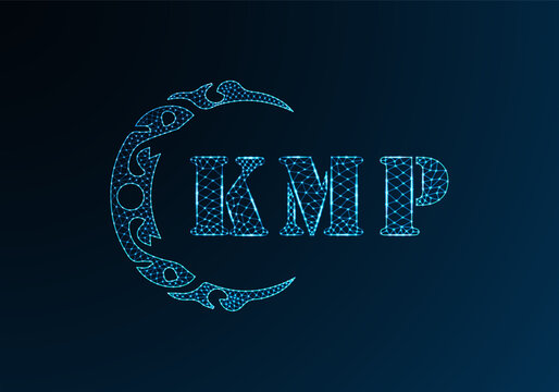 Low poly letter logo KMP design. KMP letter logo low poly vector design on blue color gradient background. KMP logo low poly design