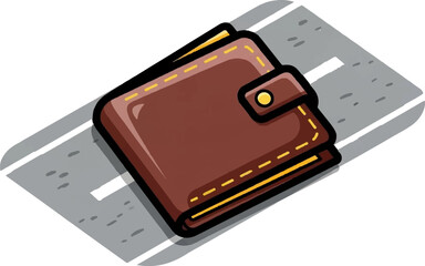 A closed brown wallet with yellow stitching sits on a grey road with white lines