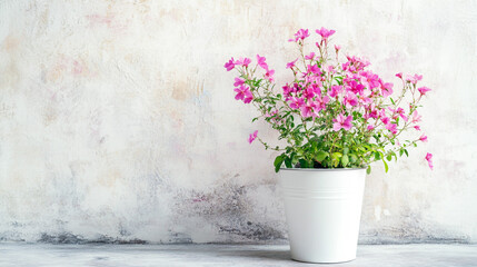 Bright Pink Flower Pot On White Table Against Soft Textured Wall Scene for Home Decor. Perfect for home decor, lifestyle, and garden stock visuals.