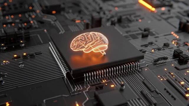 Computer chip with a brain on it. The brain is glowing and the chip is black. Concept of technology and intelligence