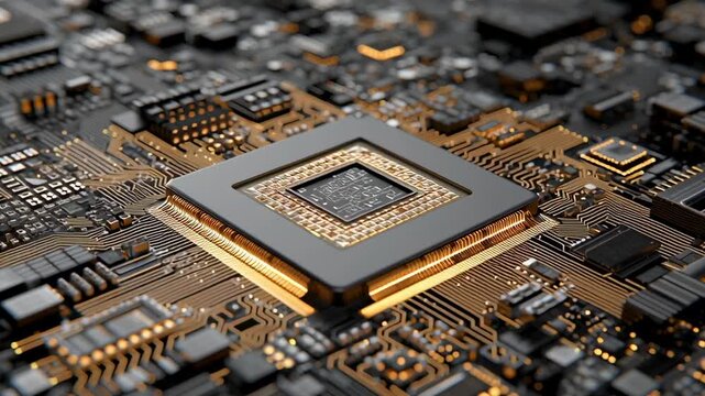 Close up of a computer chip with a yellow outline. The chip is surrounded by a black background