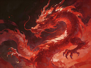 powerful dragon spirit painting in crimson haze for fantasy and legend themes