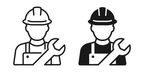 Industrial worker with spanner outline and filled icons collection. Used for workforce skills, mechanical assistance, and on-site service tasks.
