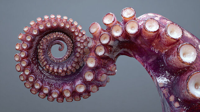 A close-up view of an octopus tentacle curled into a spiral, showcasing its suckers and texture. The image focuses on the intricate details of the marine creature.