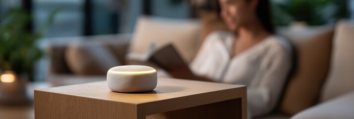 Smart speaker on wooden table with asian female reading in background