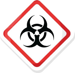 A biohazard symbol in black and red on a white, diamond-shaped background
