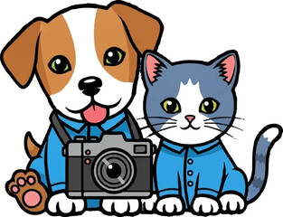 Obraz premium Cartoon dog and cat wearing blue outfits, holding a vintage camera