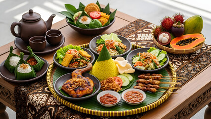 A lavish spread of traditional Indonesian cuisine, featuring various dishes like satay, rice, and curries, served on a table with drinks.