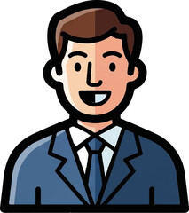 Stylized illustration of a smiling man in a blue suit and tie, head and shoulders