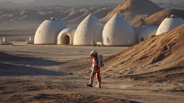 Man in a red suit walks through a desert. He is carrying a backpack. The desert is barren and has no vegetation