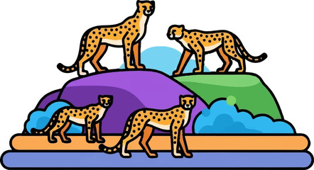 Fototapeta premium Four cheetahs stand on colorful layered hills with blue fluffy clouds