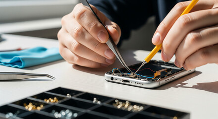 Precision Tech Repair: A technician's skillful hands meticulously repairing a mobile phone, demonstrating the intricate process of fixing electronic devices with precision.