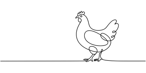 Fototapeta premium Continuous one line drawing of hen. One line drawing illustration of chicken. Farm animal, poultry concept single line. Editable outline. Elegant hen line art minimalist design farm animal.