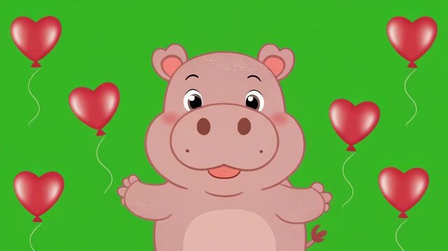 A cheerful cartoon hippopotamus waving with red heart-shaped balloons floating around it on a green background, possibly for Valentine's Day greeting cards