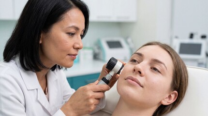 Professional Asian female dermatologist examining young Caucasian woman's face skin with dermatoscope tool in modern bright medical clinic office