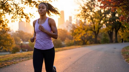 Athletic African American woman jogging on park path during autumn sunrise with city skyline background and golden light