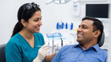 Fototapeta premium Professional Indian female dentist holding mirror smiling at happy male patient sitting in chair during medical checkup in modern bright clinic