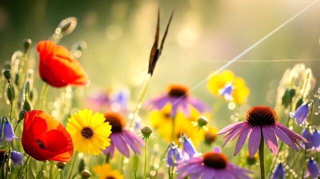 Monarch Butterfly Flying Over A Colorful Wildflower Meadow.