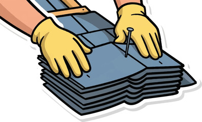 Hands wearing yellow gloves are carefully placing a nail through grey roofing shingles