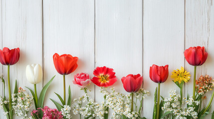 Vibrant flower garden on white wooden background ideal for web design, floral arrangements, gardening, nature promotions, and spring campaigns.