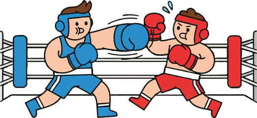 Two cartoon boxers, one in blue, the other in red, face off in a boxing ring, with punches thrown