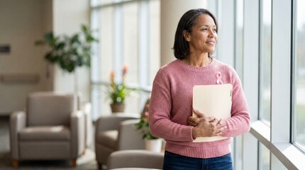 Hopeful mature woman with pink ribbon for breast cancer awareness standing in hospital waiting room holding medical folder