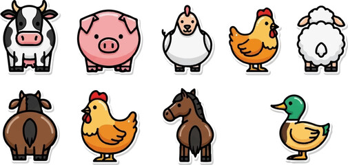 Cute cartoon farm animals cow, pig, chicken, sheep, horse, duck
