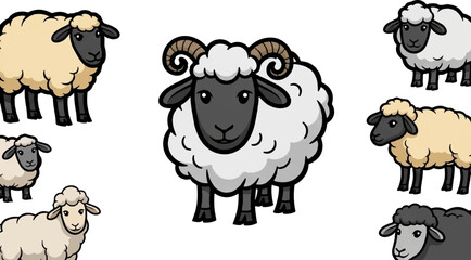 A flock of cartoon sheep, one with prominent horns, scattered on a white background