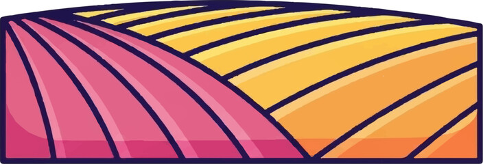 Abstract, stylized view of rolling hills with pink and yellow stripes