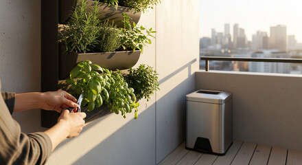 Urban Herb Garden: A person tends to a thriving vertical herb garden on a balcony, the setting sun casting a warm glow on the vibrant green plants.