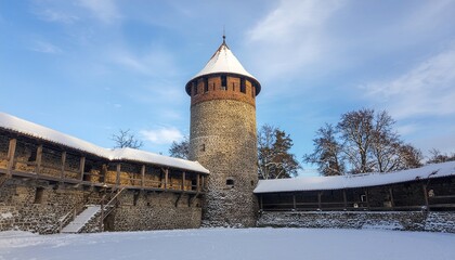 Snowy Winter Landscape with Medieval Castle Turret and Wooden Walls