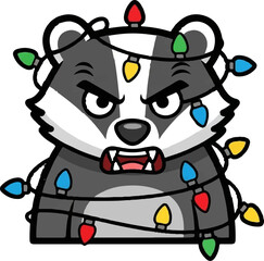 Grumpy badger tangled in colorful festive holiday lights, showing sharp teeth