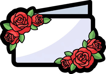 Rectangular frame with delicate red roses and green leaves adorning its corners on a light blue background