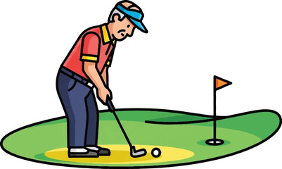 A cartoon golfer in red shirt and blue pants putting on a green golf course with a flag