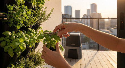 Urban Herb Harvest: Hands tenderly snip fresh basil, showcasing sustainable urban gardening with a scenic cityscape backdrop, promoting mindful living.