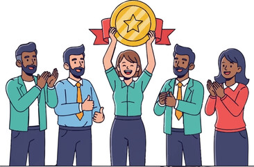 Diverse team celebrates achievement, a woman holds a golden medal aloft