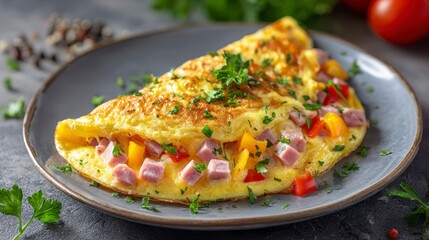 A close-up view presents a savory omelet filled with diced ham and colorful bell peppers, garnished with fresh parsley