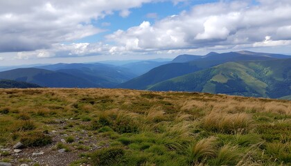 Expansive mountain vista featuring verdant slopes and distant peaks under a dynamic sky, capturing the raw beauty of nature and evoking concepts of freedom and exploration
