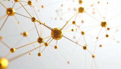 "Golden sphere network with thin connectors forming abstract 3D structure on light gradient background."