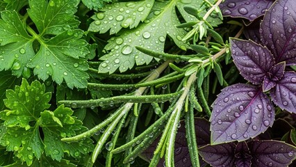 Fresh green and purple herbs with dew drops, rosemary, basil, and parsley leaves, culinary ingredients for cooking and garnishing, vibrant colors and textures