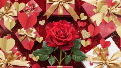 A romantic Valentine's Day scene with a red rose surrounded by gift boxes and hearts on a festive background, ideal for holiday promotions