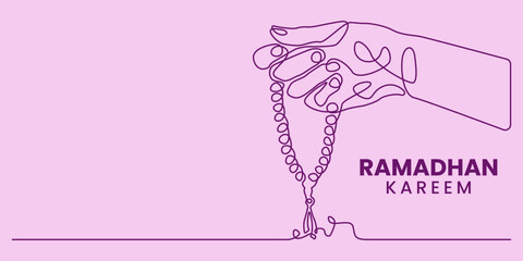 Islamic ramadan kareem minimalist banner vector featuring hand holding tasbih line art illustration