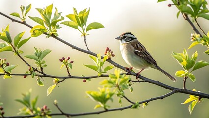 Obraz premium Striped sparrow bird sitting on blossoming tree branch in spring sunlight