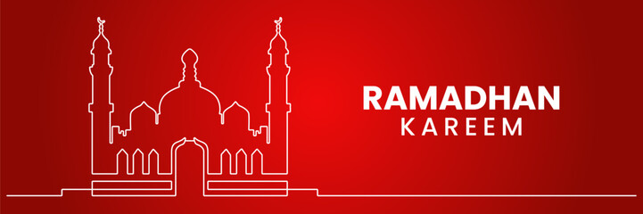 Ramadan kareem minimalist vector banner with mosque line art and islamic decorative background