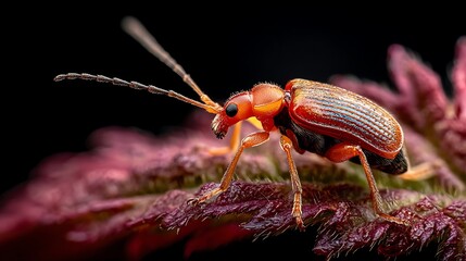 A macro of a small green beetle wildlife pest with long antennae resting on a detailed leaf against a white background in nature