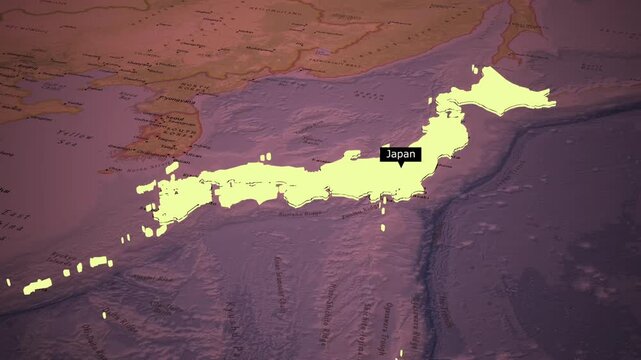 Animated map showing geographical location of Japan islands in Asia with ocean depths highlighted in deep blue and purple colors, featuring a dynamic zoom out.